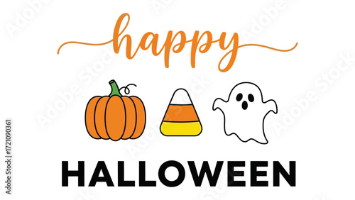 Happy Halloween Greetings with festive Pumpkin, candy corn, and ghostly character. A whimsical and cheerful holiday illustration. 