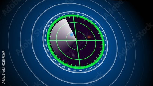 Digital radar screen interface with a green circular scanner, glowing grid lines, and moving signal blips on a dark blue background. The radar emits concentric waves and a rotating sweep effect.