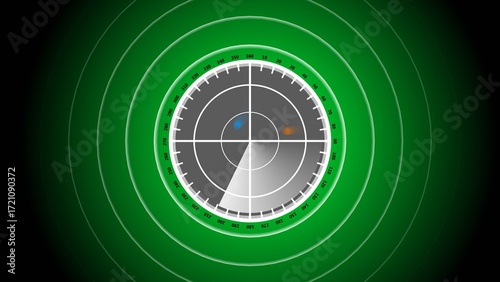 Digital radar screen interface with a green circular scanner, glowing grid lines, and moving signal blips on a dark blue background. The radar emits concentric waves and a rotating sweep effect.