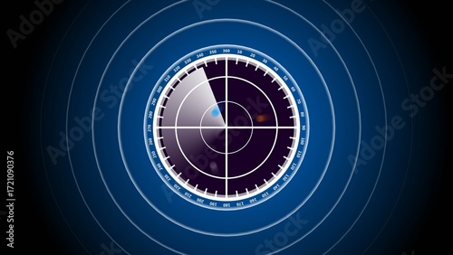 Digital radar screen interface with a green circular scanner, glowing grid lines, and moving signal blips on a dark blue background. The radar emits concentric waves and a rotating sweep effect.