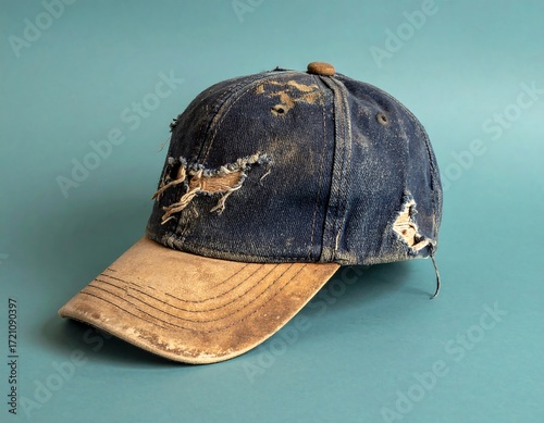 Worn baseball cap on a teal background