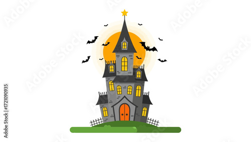 Spooky Mansion Silhouette: An enigmatic illustration of a gothic mansion dominates the scene, bats in flight, set against a sunset, evoking a sense of eerie anticipation for the night.