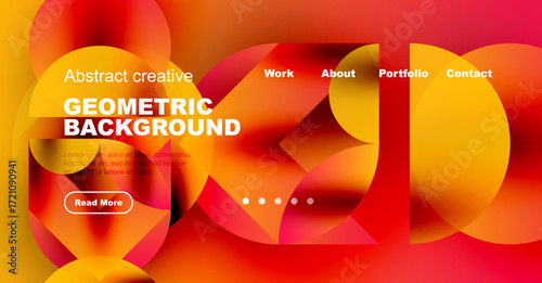 Abstract geometric background features vibrant orange, yellow, red hues. Website header includes navigation options, text block, button.