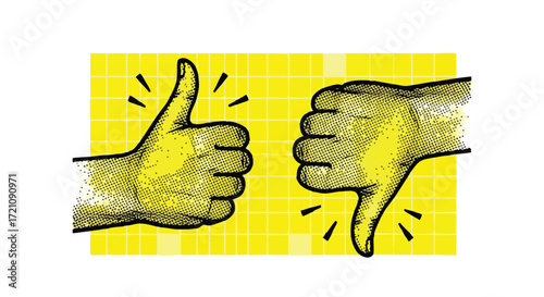 Illustration of two hands showing a thumbs up and a thumbs down gesture against a yellow grid background.