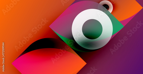 Abstract design features vibrant gradients, overlapping shapes, circular elements. Modern aesthetic, bold colors create dynamic composition.