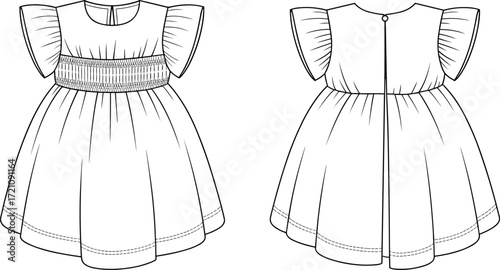 Baby girl dress flat sketch with smocked waist, puff sleeve design, kids fashion template, vector clothing illustration, children garment drawing