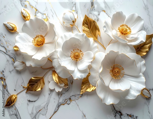 3D white flowers on marble