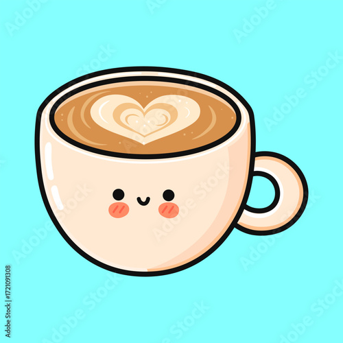 Cute smiling coffee cup with heart latte art