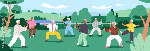 Tai chi group exercising in nature, park. Senior old people during outdoor qigong class. Asian elderly at Chinese gymnastics training, wellness and body health workout. Flat vector illustration