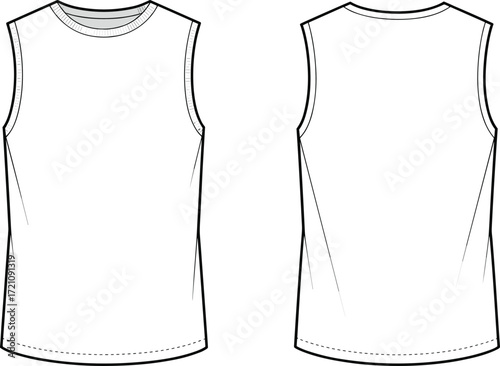 Blank sleeveless tank top fashion flat sketch front and back view, technical clothing template, apparel outline design, vector garment illustration