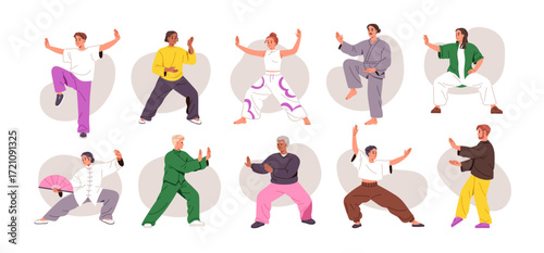 Tai Chi set. Qigong, traditional Chinese calm martial art. People in slow movement poses, exercising. Asian practice, wellness training. Flat vector illustrations isolated on white background