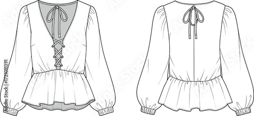 Blouse fashion flat sketch with lace up neckline, puff sleeves, peplum hem, back tie, technical drawing template for apparel design