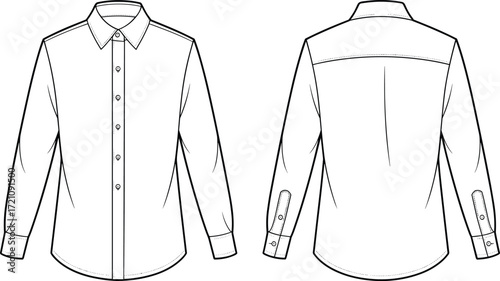 Classic men’s dress shirt vector illustration, long sleeve button down front and back view, fashion design template, formal clothing technical sketch