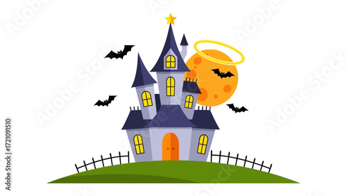 Spooky Halloween Castle: A whimsical illustration captures the eerie allure of Halloween. Featuring a cartoonish castle, adorned with a moon, bats, and a halo, perfect for seasonal designs.