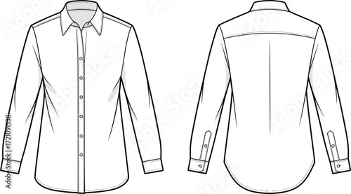 Classic men’s dress shirt vector sketch, stylish long sleeve button down fashion template, formal clothing design illustration, front and back technical drawing