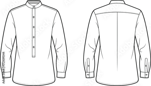 Classic men’s mandarin collar shirt vector sketch, stylish long sleeve fashion template, modern clothing design illustration, front and back technical drawing