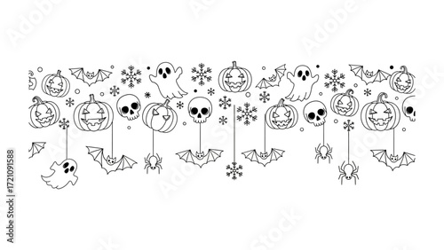 Spooky Halloween Border: A whimsical illustration capturing the spirit of Halloween with playful elements like grinning pumpkins, fluttering bats, ghostly apparitions, intricate snowflakes.