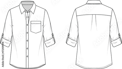 Fashion flat sketch of casual men’s button up shirt with long sleeves, front pocket, turn up cuffs, vector clothing design template