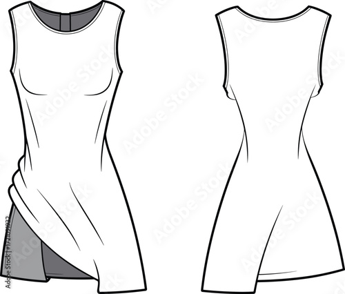 Fashion flat sketch of sleeveless asymmetrical draped dress with round neckline, stylish modern women clothing design, vector apparel illustration