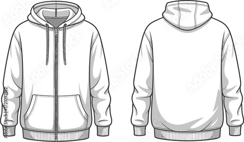 Front and back view hoodie flat sketch vector template, fashion clothing design, casual sweatshirt pattern, zip up hoodie illustration