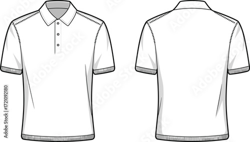 Front and back view of classic men polo shirt short sleeve, vector fashion flat sketch, clothing template design, casual wear illustration