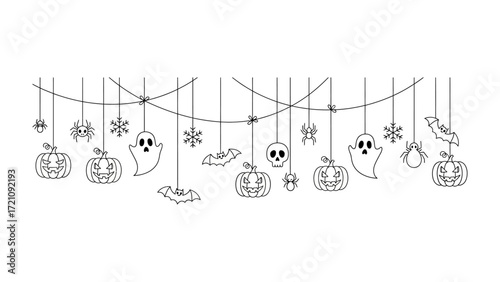 Spooky Garland of Halloween: An eerie and whimsical illustration of a garland adorned with Halloween-themed ornaments, showcasing a festive and slightly macabre decoration style. 