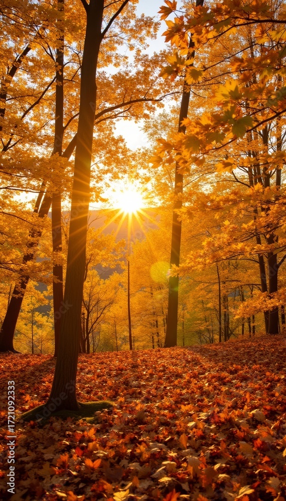 Fototapeta premium Autumn forest with sunlight shining through orange leaves 