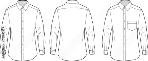 Long sleeve button up shirt flat sketch front, back and pocket view, fashion design template, vector apparel outline illustration