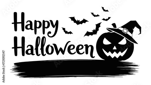Spooky Halloween Celebration: The striking silhouette of a grinning jack-o'-lantern, adorned with a witch's hat, beckons against a flurry of bats.