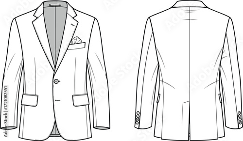 Men’s blazer front and back view, fashion vector template, stylish suit jacket sketch, apparel design mockup, formal clothing illustration for designers