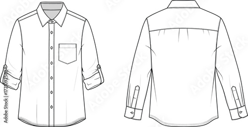 Men’s button up shirt vector template, long sleeve roll up design, fashion flat sketch, casual clothing illustration, apparel mockup for designers