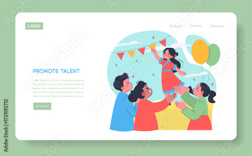 Teamwork Supports Girl with Balloons Vector Illustration