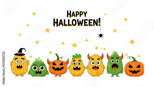 Happy Halloween Monster: A whimsical group of adorable cartoon monsters line up under the words Happy Halloween! and some sparkling stars and hanging spider to celebrate this spooky holiday.