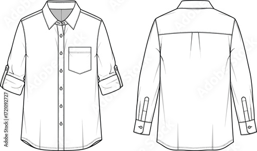 Men’s long sleeve shirt vector template, fashion flat sketch, button up shirt design, casual apparel illustration, garment mockup for designers