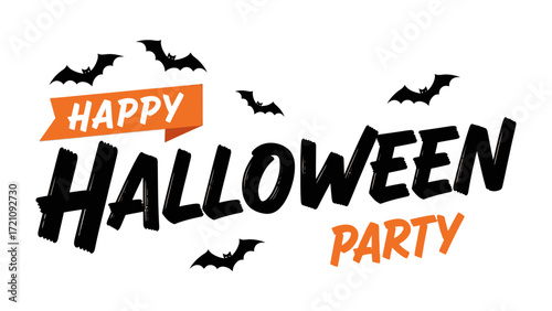 Festive Halloween Gathering: A visually striking invitation with an orange banner exclaims Happy Halloween Party, complemented by silhouetted bats in a whimsical and spooky display.