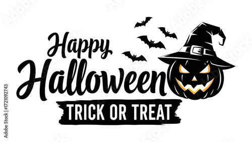 Happy Halloween: Spooky Halloween-themed graphic design, featuring the words Happy Halloween alongside a grinning jack-o'-lantern wearing a witch's hat, and bats. and a decorative elements.
