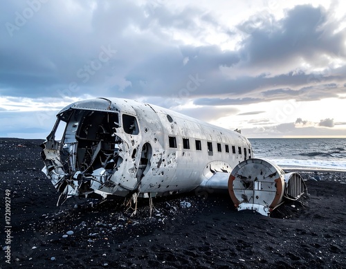 Wallpaper Mural Wrecked airplane on black sand beach Torontodigital.ca