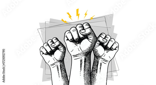 Three clenched fists raised in the air, symbolizing power, unity, and protest, with yellow lightning bolts above.