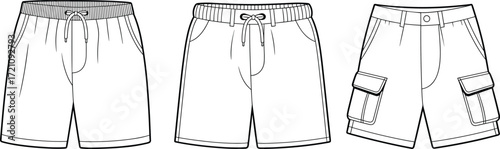 Men’s shorts flat sketch vector illustration with elastic waistband, drawstring design and cargo pocket style, clothing template for fashion design