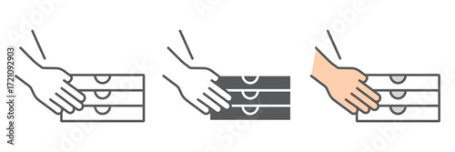 Hands holding pizza boxes line icon, pizza and service, pizza delivery sign, vector graphics, a linear icon on a white background, eps 10.
