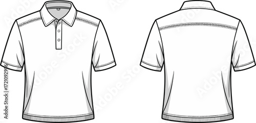 Mens polo shirt vector template, short sleeve design, front and back view, fashion flat sketch, casual apparel outline, clothing technical drawing
