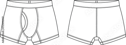 Men’s underwear flat sketch front and back view, boxer briefs technical drawing, apparel fashion design template, clothing vector outline illustration