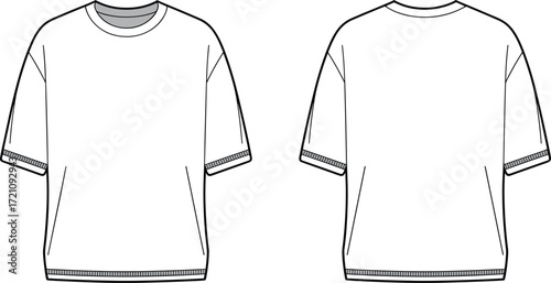 Oversized t shirt flat sketch template, vector fashion design front and back view, short sleeve casual clothing technical drawing illustration