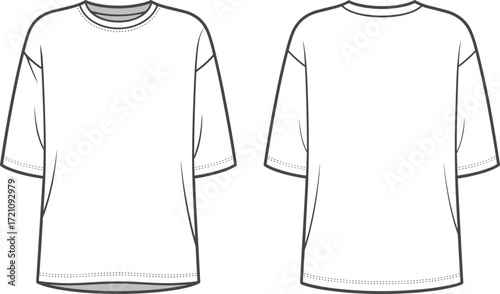 Oversized t shirt flat sketch, front and back view, fashion vector template, casual clothing design, unisex apparel outline, modern garment illustration