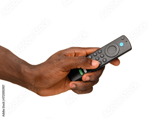 Wallpaper Mural A hand holding a black remote control with multiple buttons, isolated on a transparent background. Torontodigital.ca