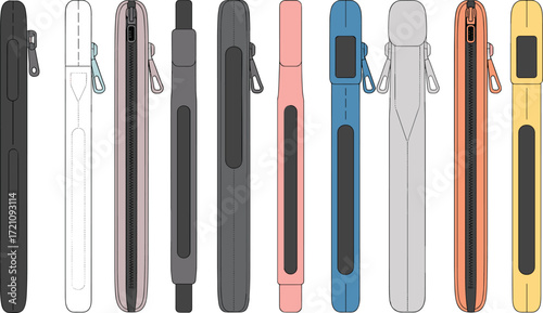Protective slim case vector illustration set with zipper closure, side strap design, modern cover accessory for electronic devices and gadgets