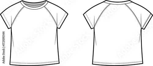 Raglan short sleeve t-shirt flat sketch front and back view, crew neck blank fashion clothing design template, vector apparel illustration
