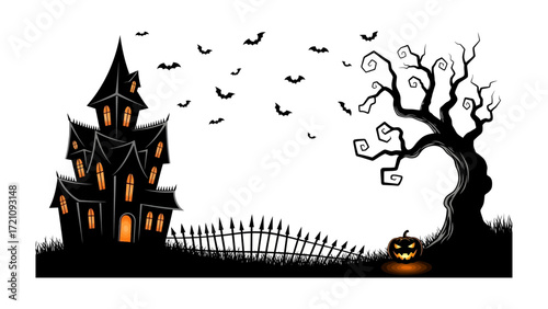 Spooky Halloween Night Scene: An eerie illustrated depiction of a haunted house and barren tree sets a spooky mood.
