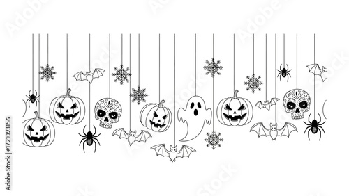 Spooky Silhouette: A Halloween-themed artwork filled with spooky elements like grinning pumpkin faces, dancing bats, chilling skull, and spider silhouettes, all hanging by threads.