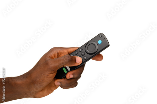 Wallpaper Mural A hand holding a black remote control with visible buttons, isolated on a transparent background. Torontodigital.ca